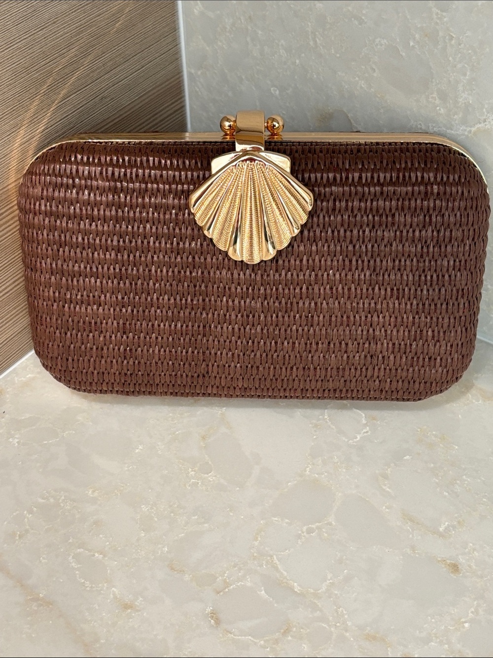 NWT D’Margeaux Woven Brown Shell Clasp Clutch
